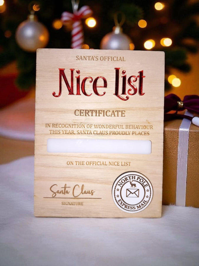 Santa’s Official Nice List Certificate – Personalised Wooden Plaque | Christmas Keepsake by Olive & Willow (With or Without Pen)