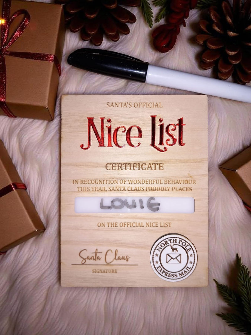 Santa’s Official Nice List Certificate – Personalised Wooden Plaque | Christmas Keepsake by Olive & Willow (With or Without Pen)